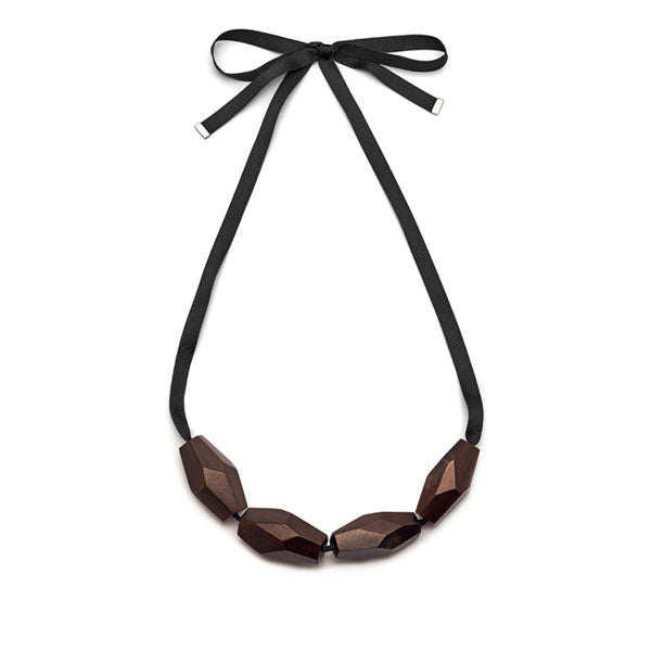 Branch Jewellery - Brown faceted wood bead necklace on black ribbon