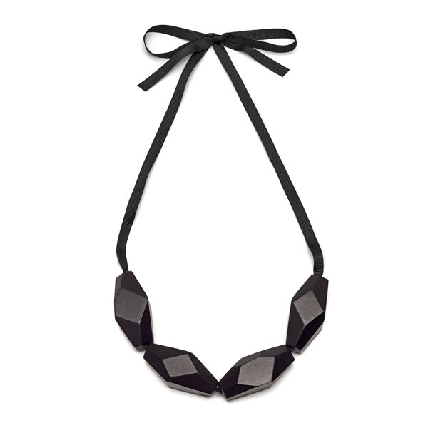 Branch Jewellery - Chunky black faceted wood bead necklace on ribbon