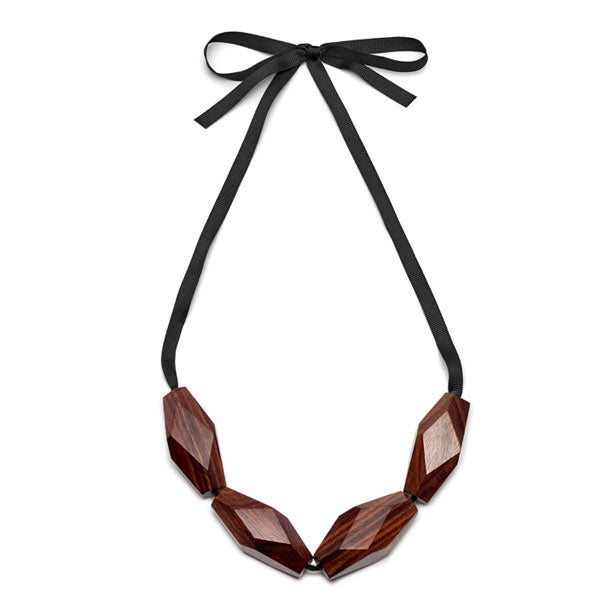 Branch Jewellery - Chunky brown faceted wood bead necklace on ribbon