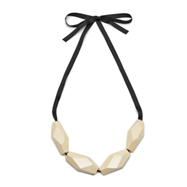 Branch Jewellery - Chunky white faceted wood bead necklace on ribbon