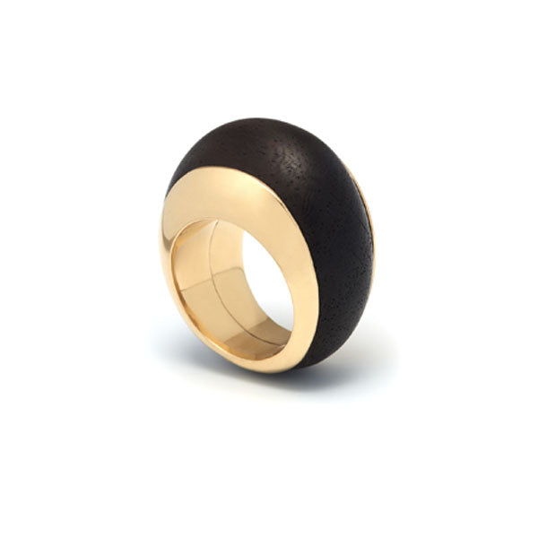 Branch Jewellery - Gold plated silver lined rounded black wood statement ring
