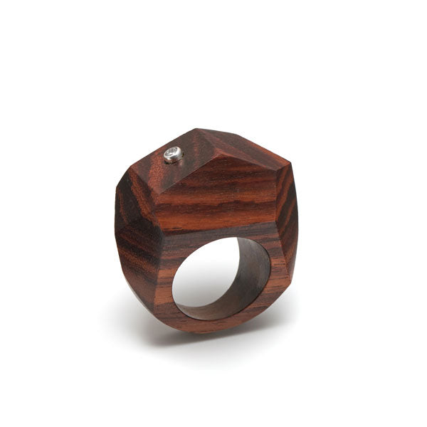 Branch Jewellery - Brown wood faceted statement ring with crystal stone set in silver