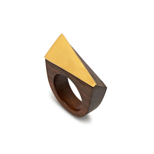 Branch Jewellery - Brown wood and gold plate angular statement wooden ring